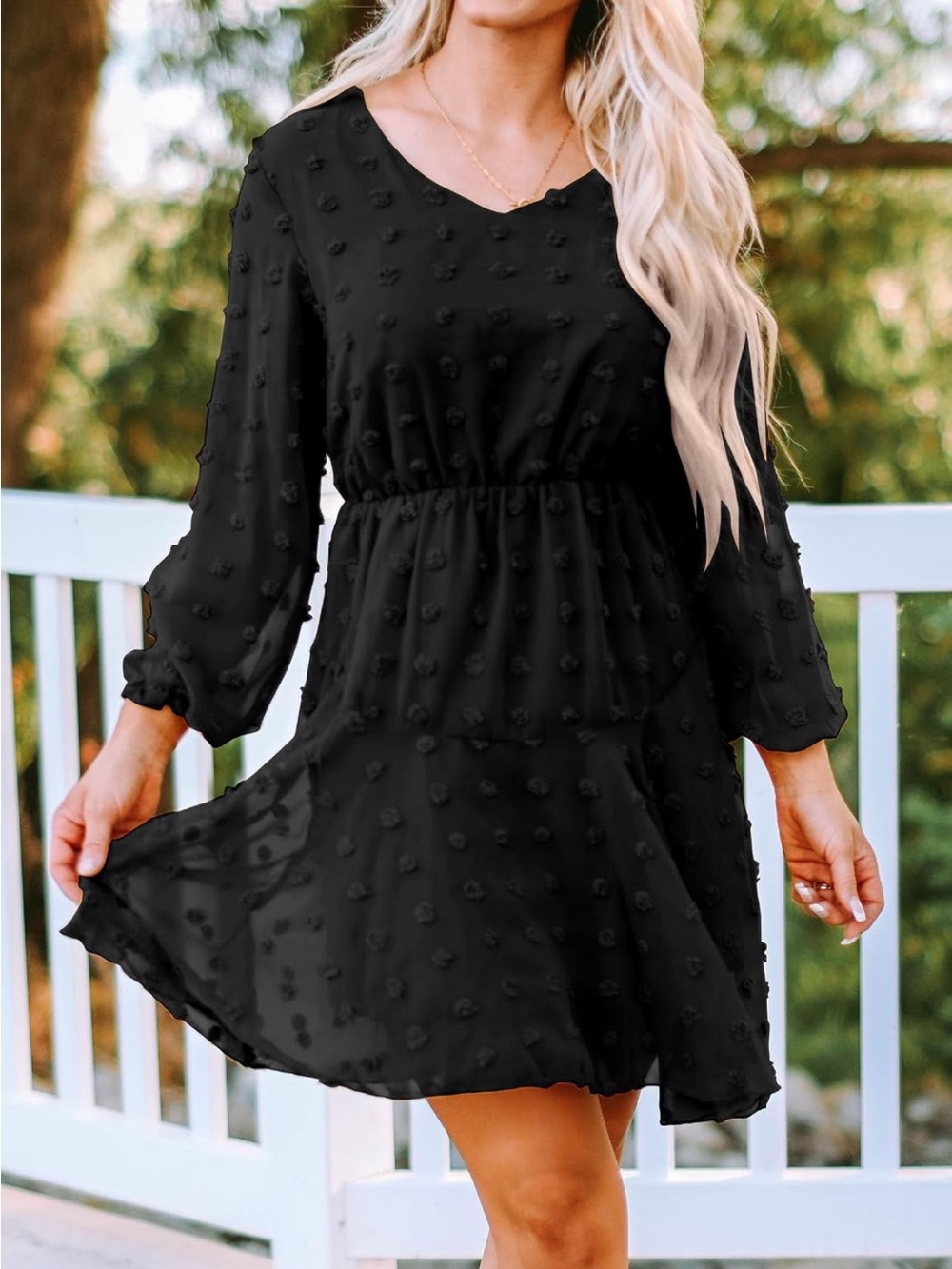 Women’s Black Textured Swiss Dot Long Sleeve Dress